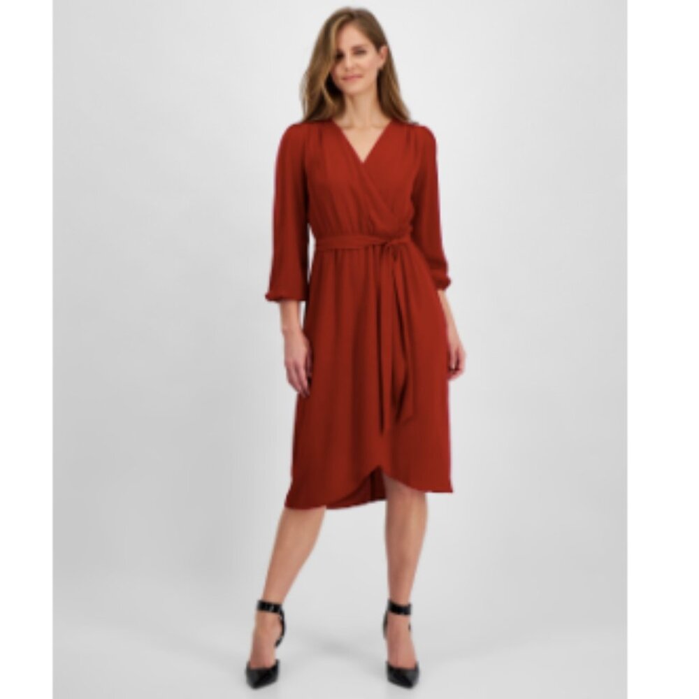 Connected Petite Long-Sleeve Tied Wrap Dress - Garnet